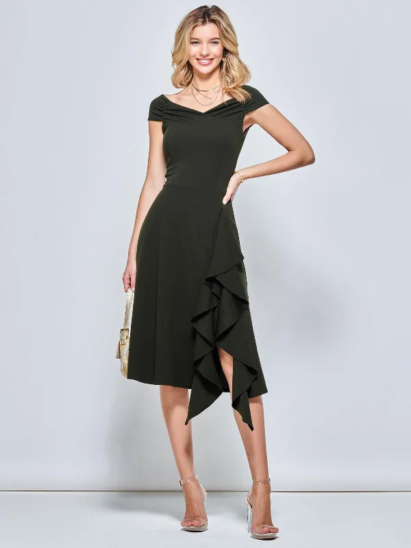 Off Shoulder Frill Ponte Midi Dress, Soldier Green