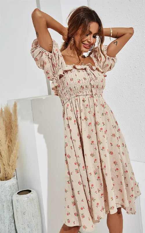 Pink Floral & Green Leaf Print Puff Frill Sleeve Elasticated Detail Midi Dress In Beige