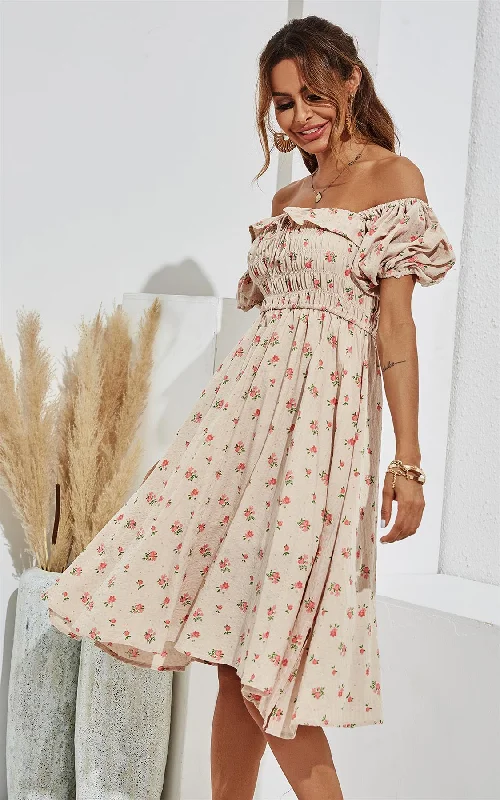 Pink Floral & Green Leaf Print Puff Frill Sleeve Elasticated Detail Midi Dress In Beige