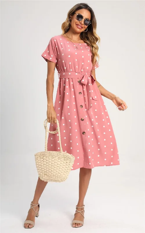 Polka Dot Button Detail Midi Dress In Pink