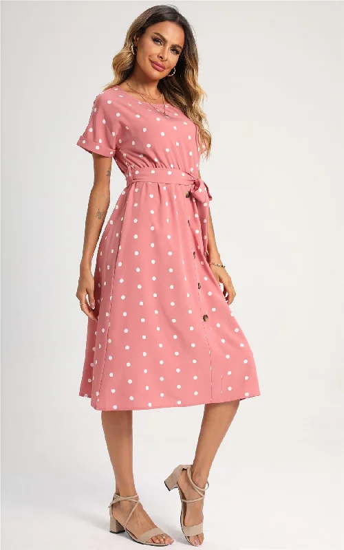 Polka Dot Button Detail Midi Dress In Pink