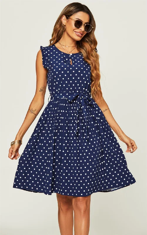 Polka Dot Frill Sleeve Midi Dress In Navy