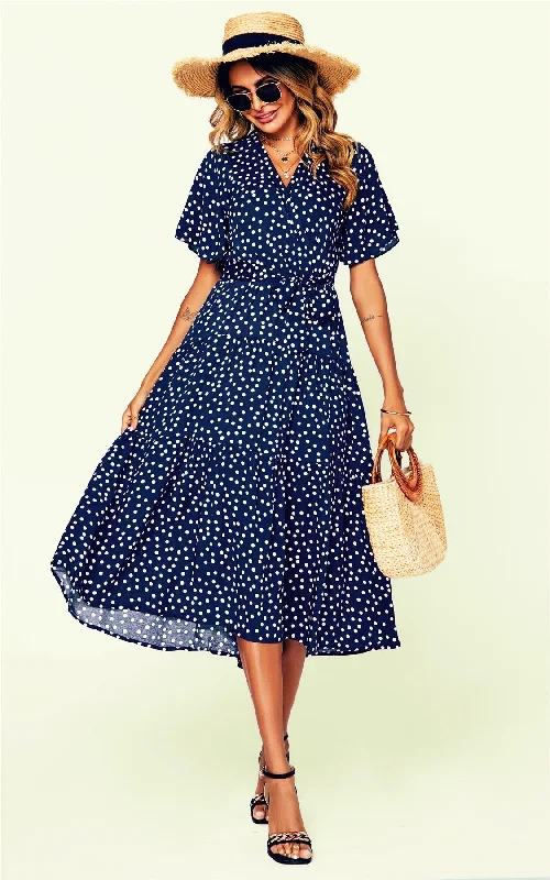 Polka Dot Hem Tiered Wrap Midi Dress In Navy