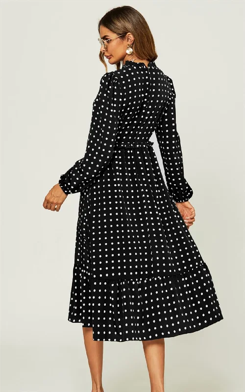 Polka Dot Print Long Sleeve Midi Dress In Black