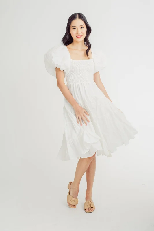 Pomfrey White Square Neck Short Sleeves Smocked Top Tiered Midi Dress