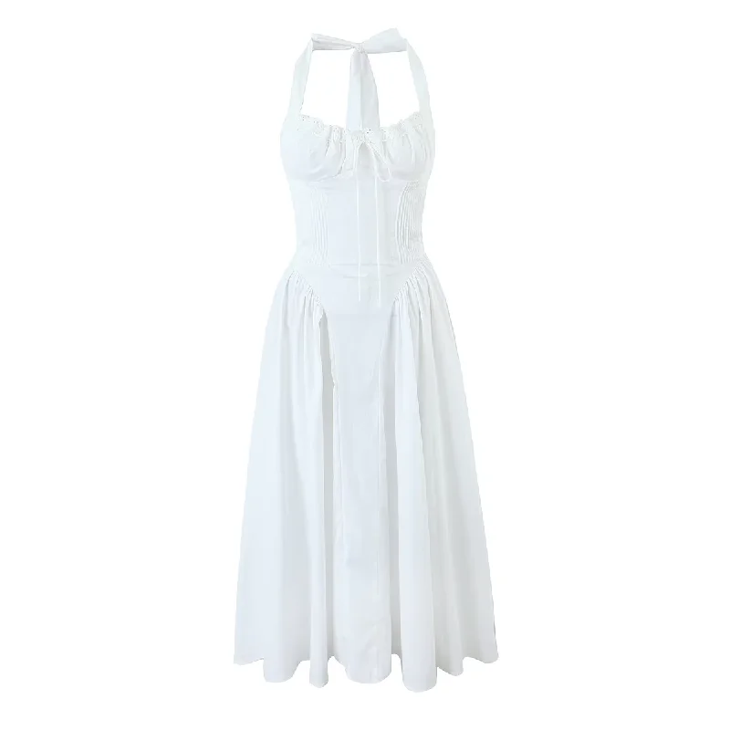 (PRE-ORDER: ETA September 15) Talula White Back Hollow Out Front Lace up Halter Midi Dress