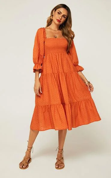 Puff Frill Sleeve Elasticated Detail Midi Dress In Orange