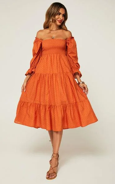 Puff Frill Sleeve Elasticated Detail Midi Dress In Orange