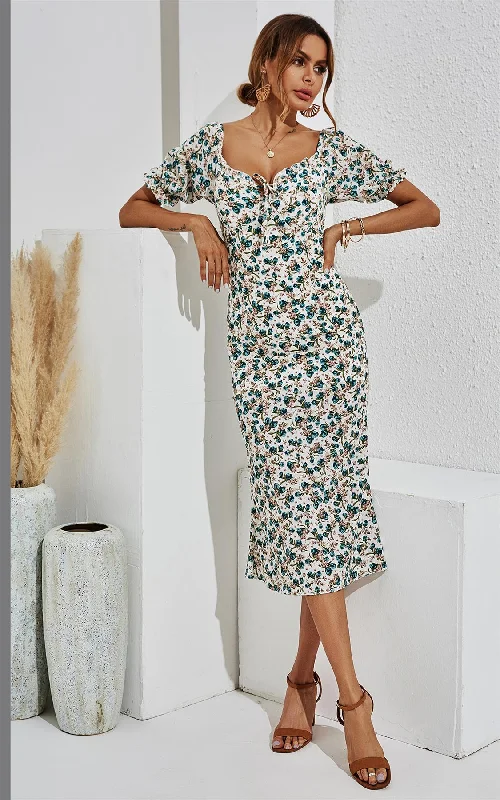 Puff Sleeve Midi Dress In White & Green Floral Print