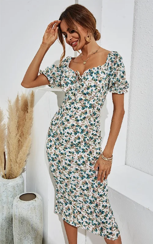 Puff Sleeve Midi Dress In White & Green Floral Print