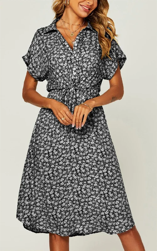 Relaxed Floral Print Button Down Midi Shirt Dress With Tie Waist