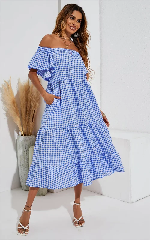 Relaxed Off Shoulder Bardot Frill Midi Dress In Bule