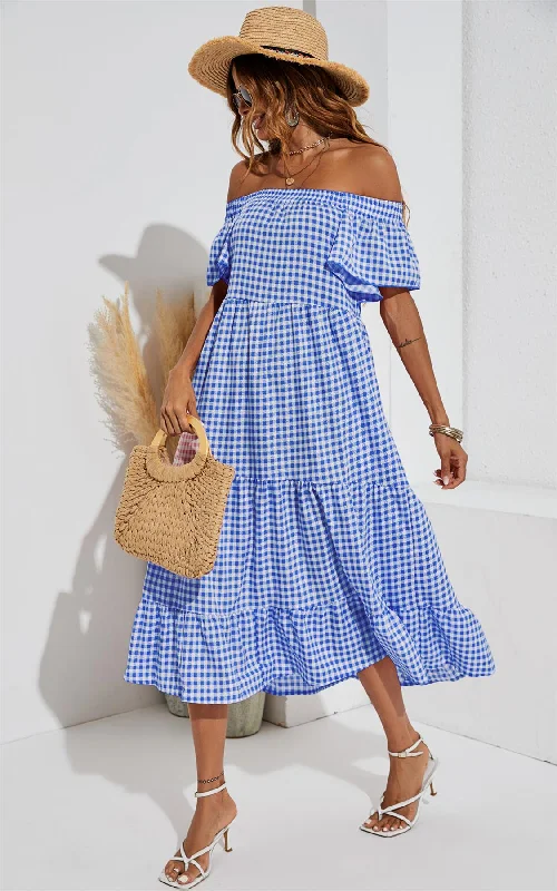 Relaxed Off Shoulder Bardot Frill Midi Dress In Bule