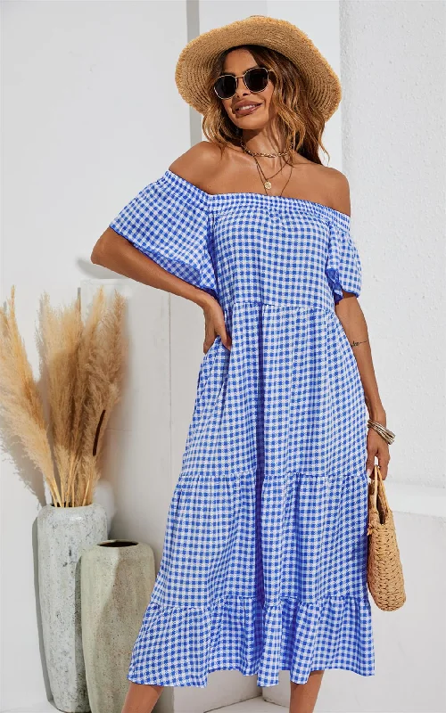 Relaxed Off Shoulder Bardot Frill Midi Dress In Bule