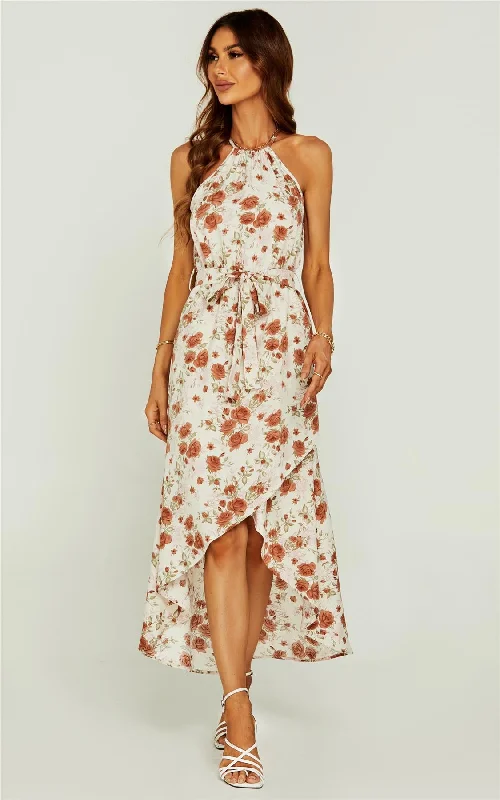 Rose Print Hight Low Spilt Halterneck Tiered Maxi Dress In White