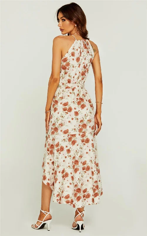 Rose Print Hight Low Spilt Halterneck Tiered Maxi Dress In White