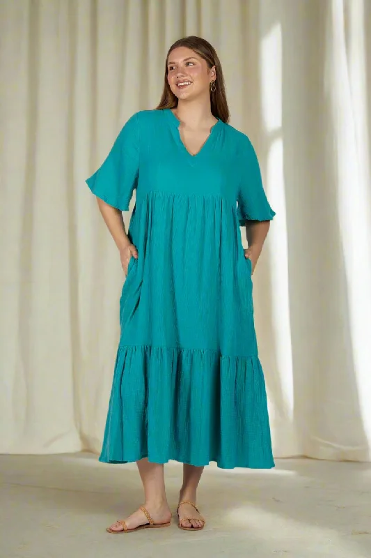 Sabre Crinkle Cotton V-Neck Dress in Peacock Parade