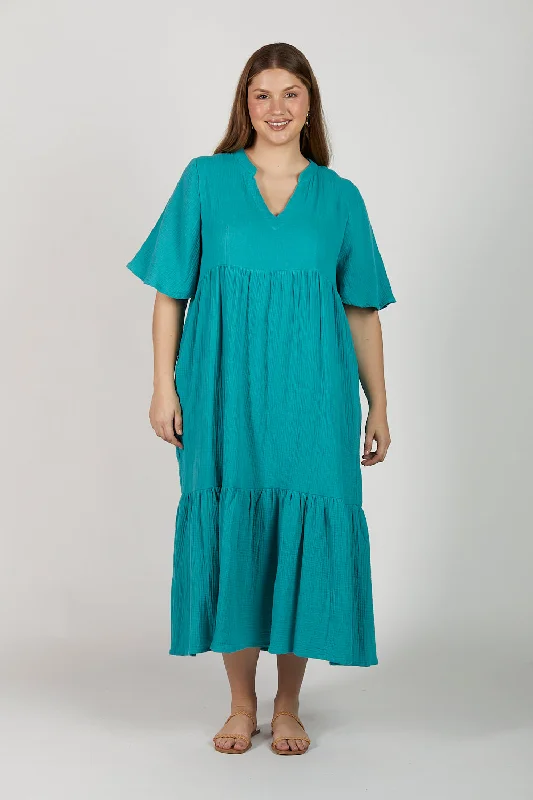 Sabre Crinkle Cotton V-Neck Dress in Peacock Parade