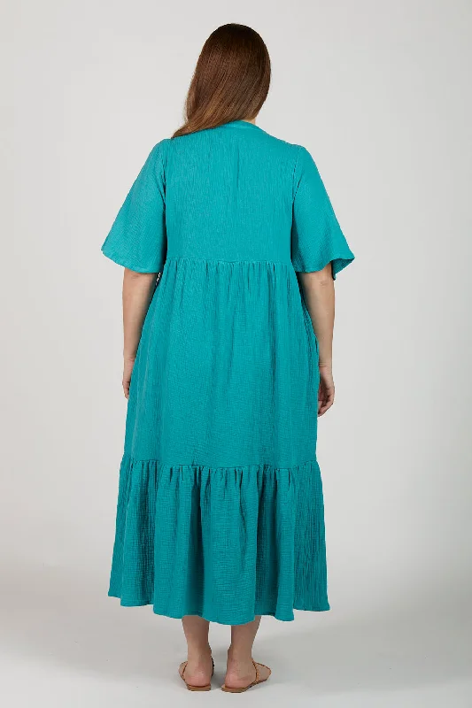 Sabre Crinkle Cotton V-Neck Dress in Peacock Parade