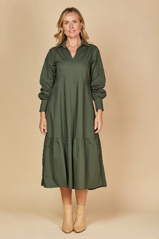 Sabre V-Neck Poplin Dress in Bottle Green