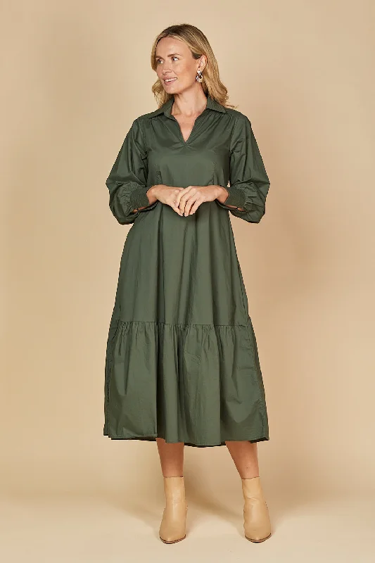 Sabre V-Neck Poplin Dress in Bottle Green