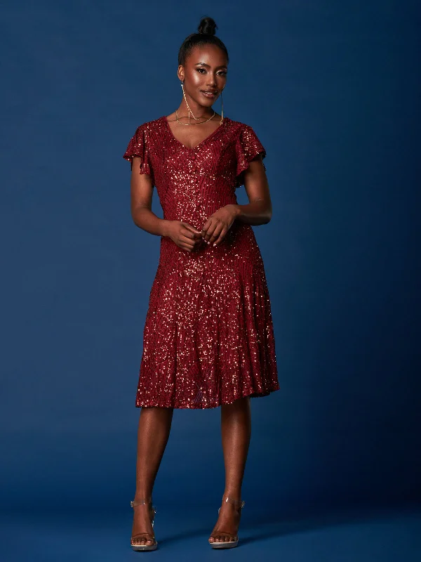 Sequin Fit & Flare Midi Dress, Burgundy Multi