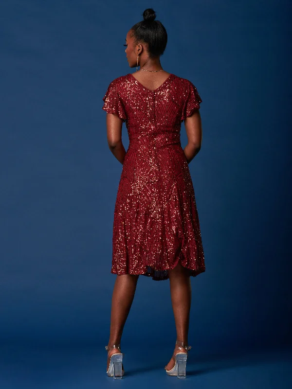 Sequin Fit & Flare Midi Dress, Burgundy Multi