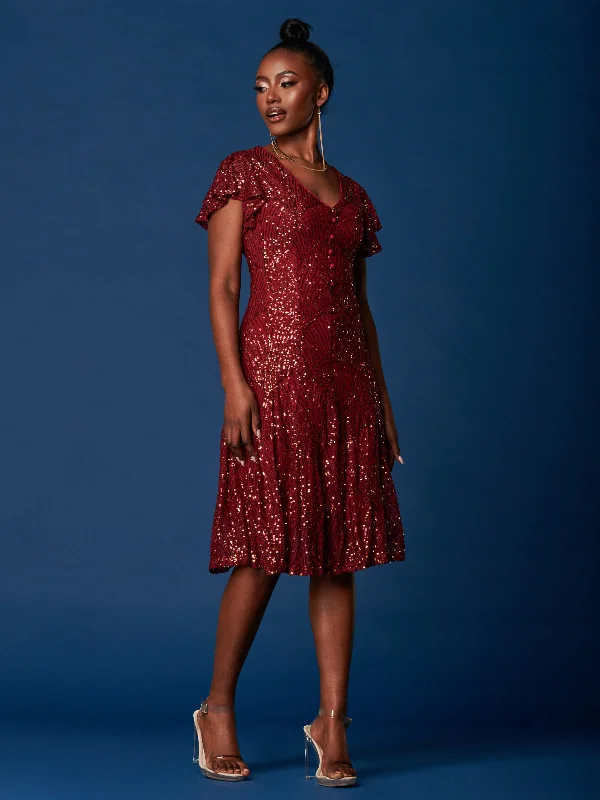 Sequin Fit & Flare Midi Dress, Burgundy Multi