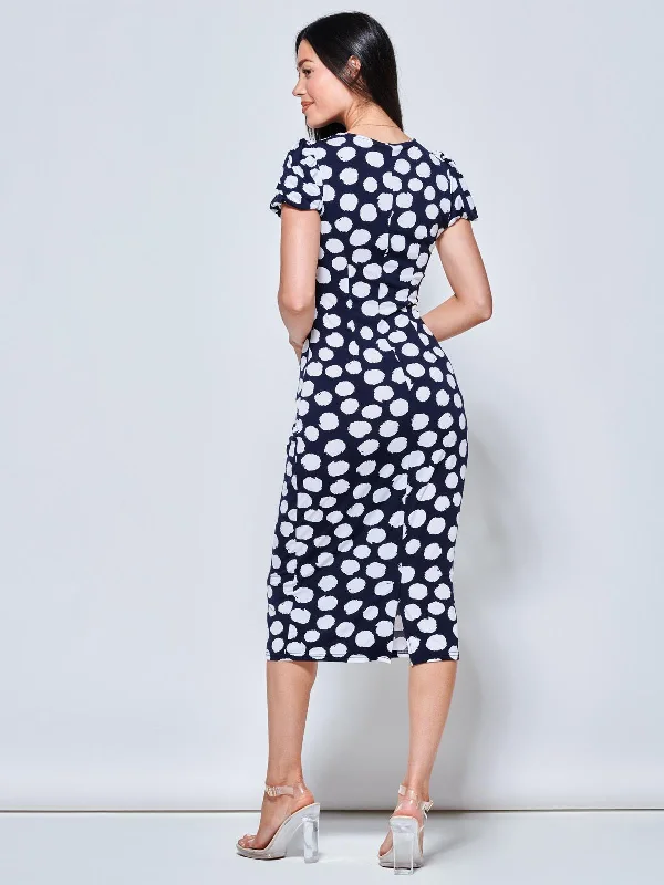 Short Sleeve Jersey Bodycon Midi Dress, Navy Polka Dot