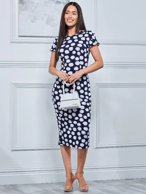 Short Sleeve Jersey Bodycon Midi Dress, Navy Polka Dot