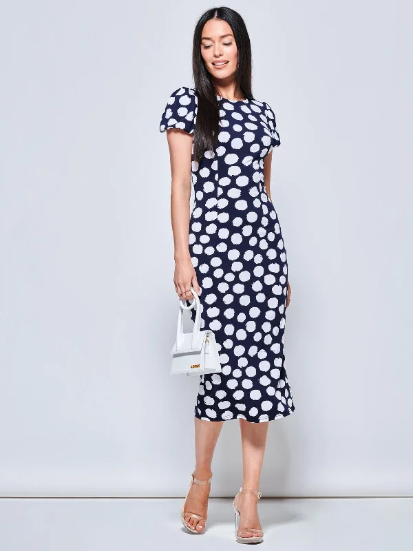 Short Sleeve Jersey Bodycon Midi Dress, Navy Polka Dot