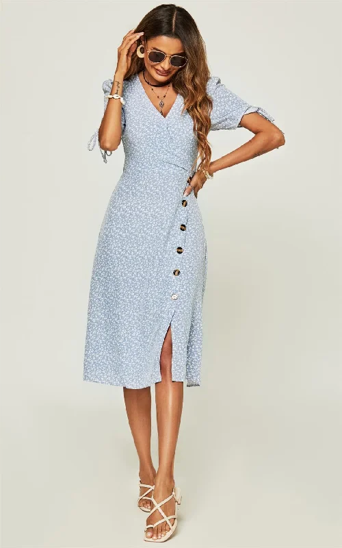 Side Zip Button Detail Floral Print Midi Wrap Dress In Blue