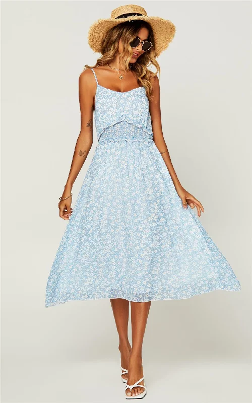 Summer Flora Print Frill Trim Detail Wrap Strappy Midi Dress In Blue