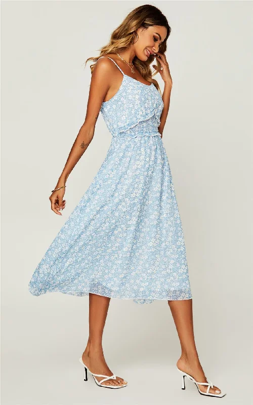 Summer Flora Print Frill Trim Detail Wrap Strappy Midi Dress In Blue