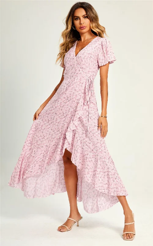 Summer Floral Print Hem Wrap Midi Dress In Pink