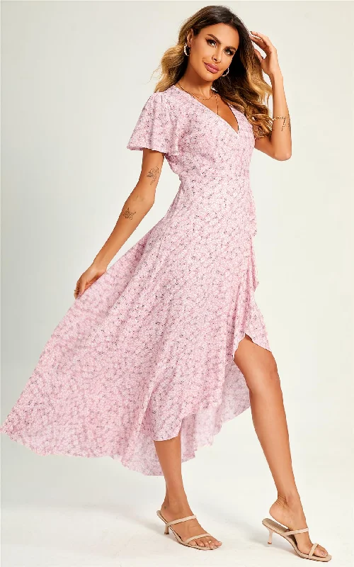 Summer Floral Print Hem Wrap Midi Dress In Pink