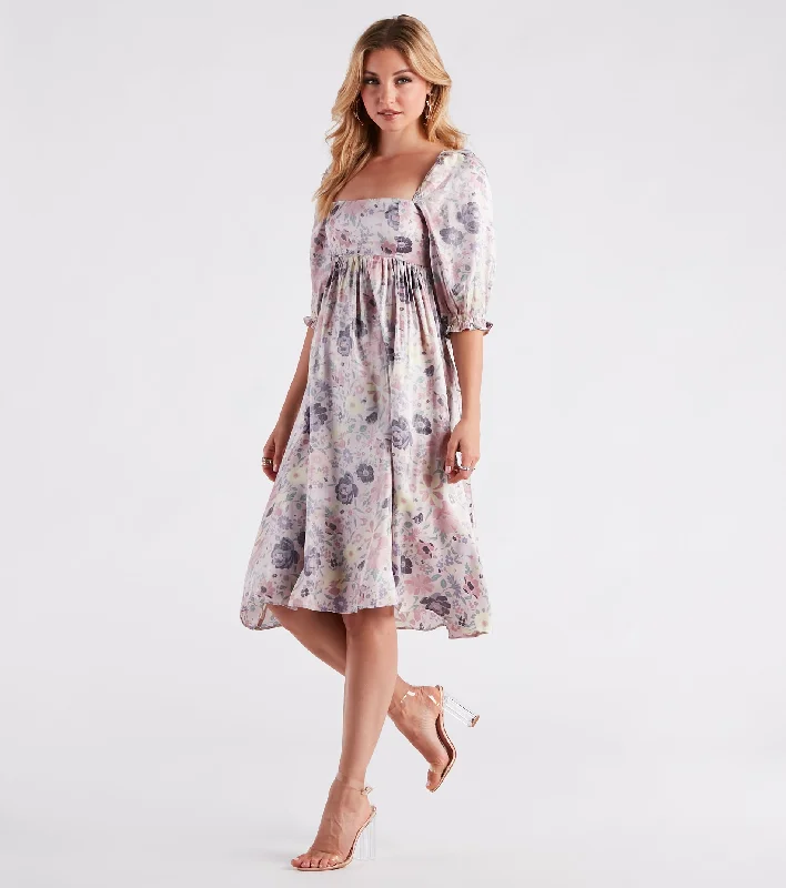 Take In The Beauty Satin Floral Midi Dress