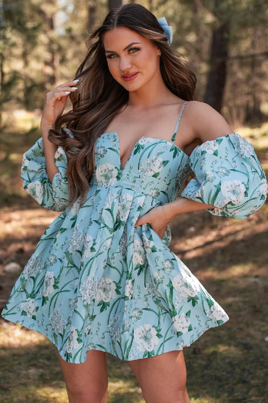 The Beauty Within Off The Shoulder Floral Mini Dress (Aqua Blue)