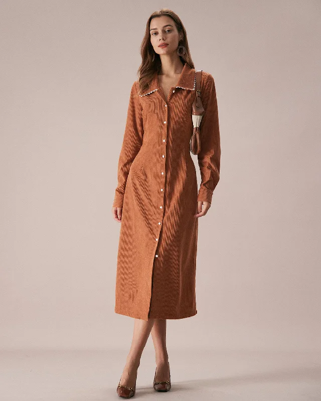 The Brown Lapel Button Corduroy Midi Dress