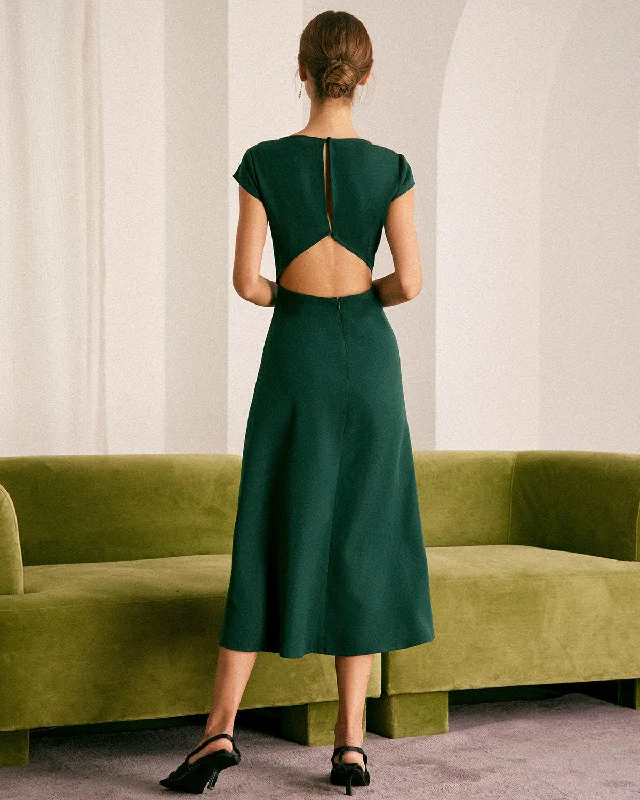 The Green Boat Neck Cutout Back Midi Dress