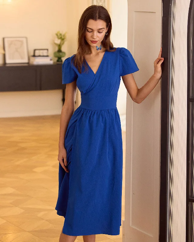 The Navy V Neck Wrap Midi Dress