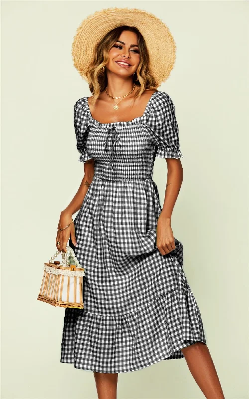 Tie Back Bardot Frill Trim Midi Dress In Black Gingham Print