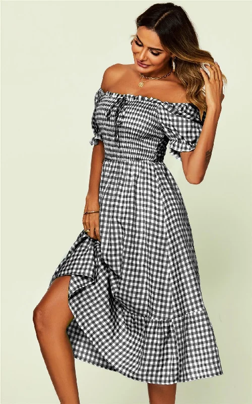 Tie Back Bardot Frill Trim Midi Dress In Black Gingham Print