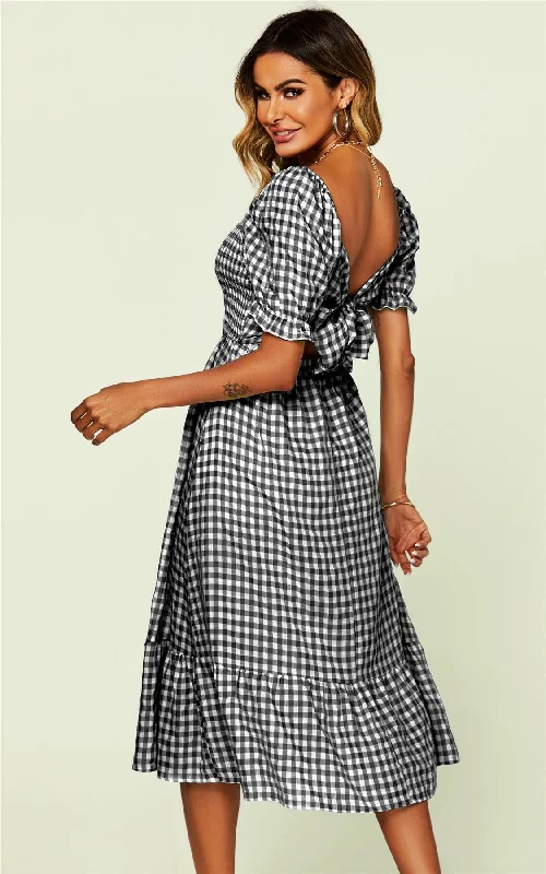 Tie Back Bardot Frill Trim Midi Dress In Black Gingham Print