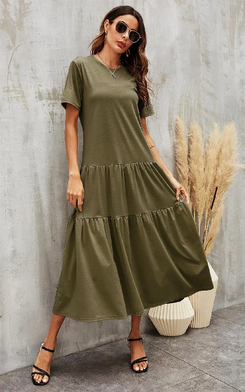 Tiered Midi Oversized Tshirt Dress In Olive Green