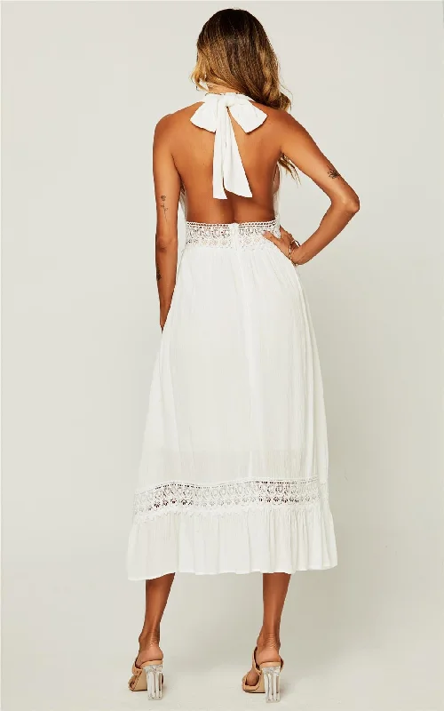 V Neck Back Tie Detail Lace Midi Dress In Ivory White