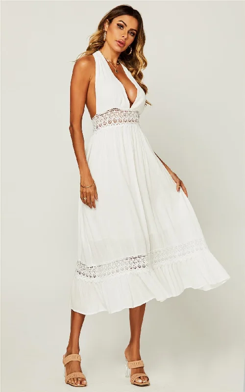 V Neck Back Tie Detail Lace Midi Dress In Ivory White