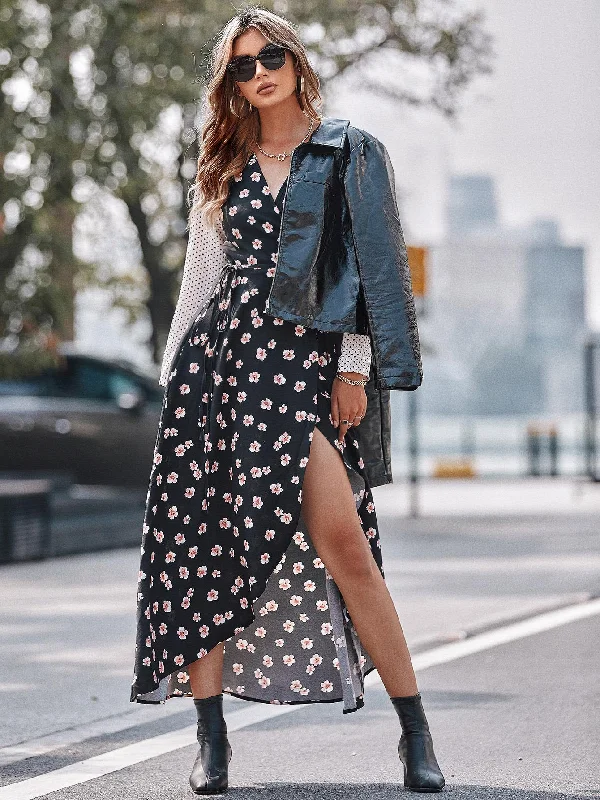 White Dot Floral Print Mix Wrap Dress In Black