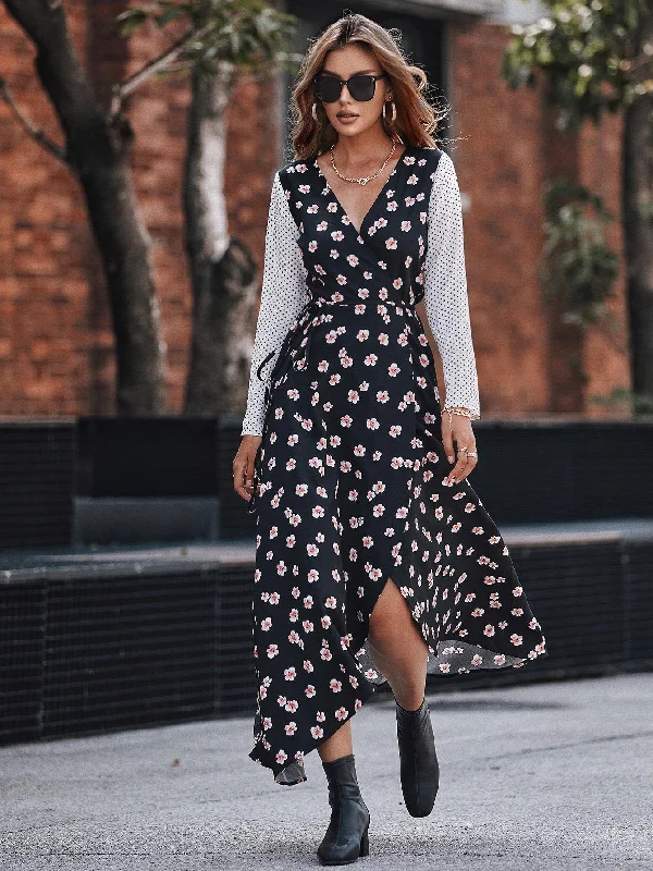 White Dot Floral Print Mix Wrap Dress In Black