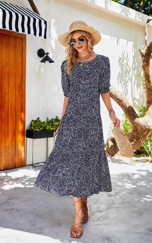 White Dot Short Sleeve Relaxed Smock Dress In Navy